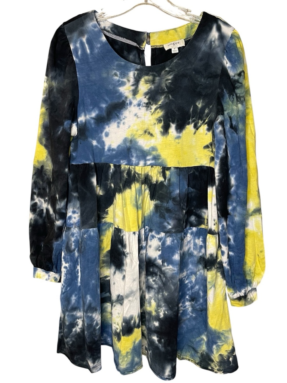 Umgee Tie-Dye Long Sleeve Dress in Blue, Yellow, Black Sz M - Picture 3 of 5